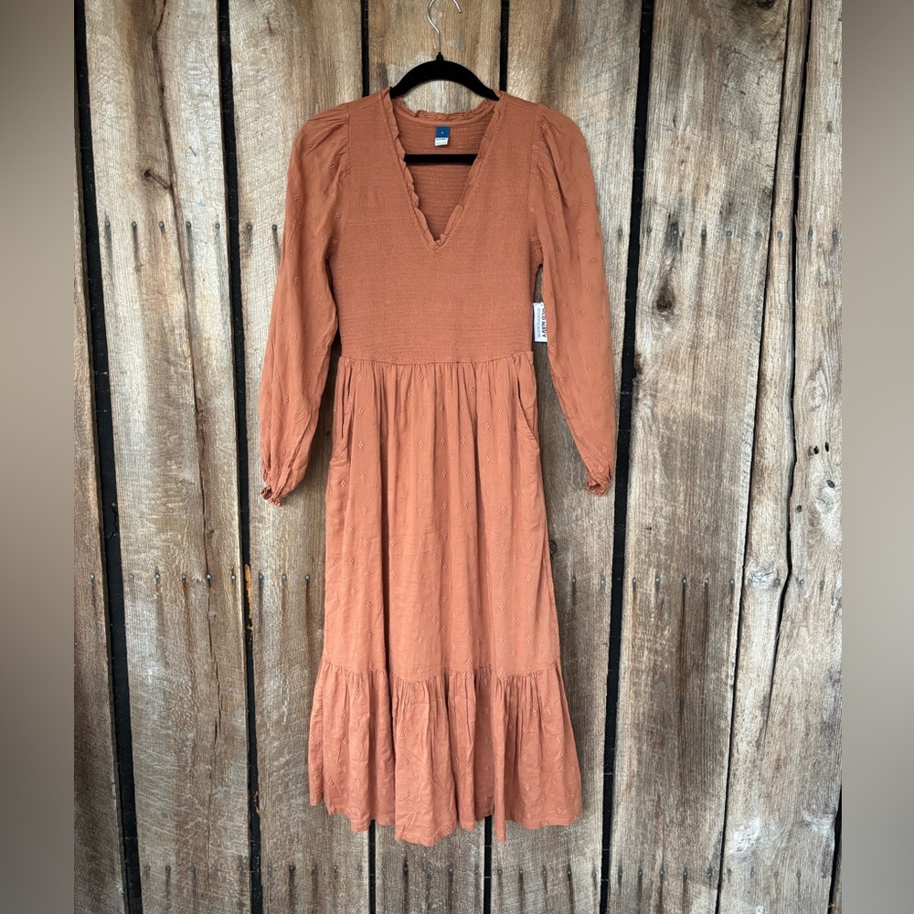 Old Navy Rust‎ Smocked Prairie Tiered Midi Dress XS Cottagecore Prairie NWT